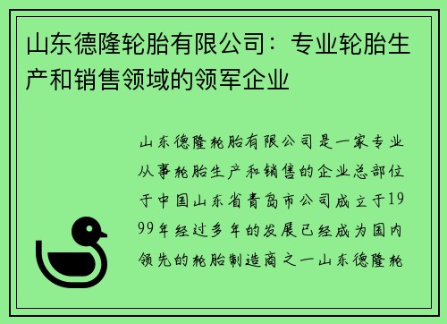 山东德隆轮胎有限公司：专业轮胎生产和销售领域的领军企业